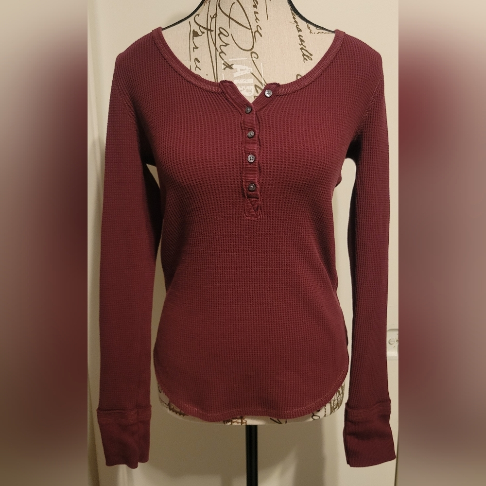 Abercrombie & Fitch Waffle Knit Thermal Long Sleeeve Shirt Burgundy Wine Maroon